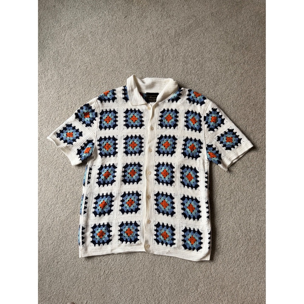 Massive Luxury Edition Mens XL Crochet Granny Square Button Down Shirt White